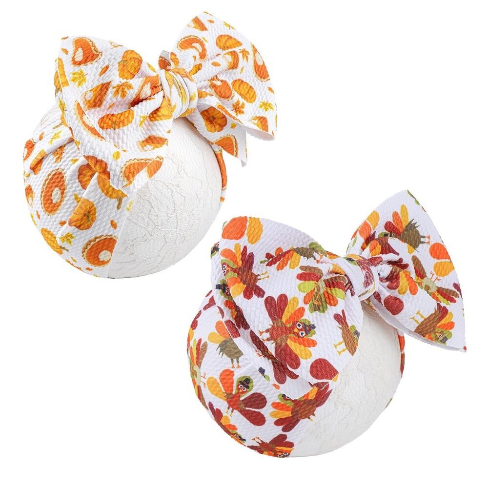 Thanksgiving Turkey Printed Handmade Pumpkin Bows for Baby Girls, Fall Theme Par